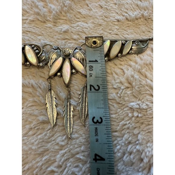 Navajo Mother of Pearl & Sterling Silver 3 Panel Statement Necklace w Feathers - Picture 12 of 14